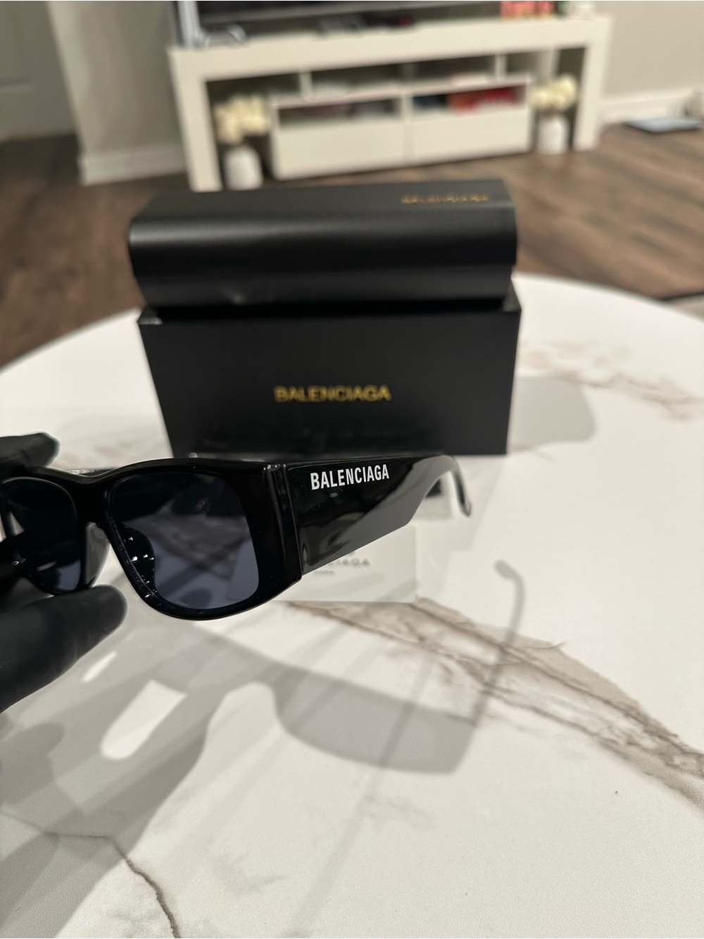Balenciaga Black Rectangular Logo Sunglasses